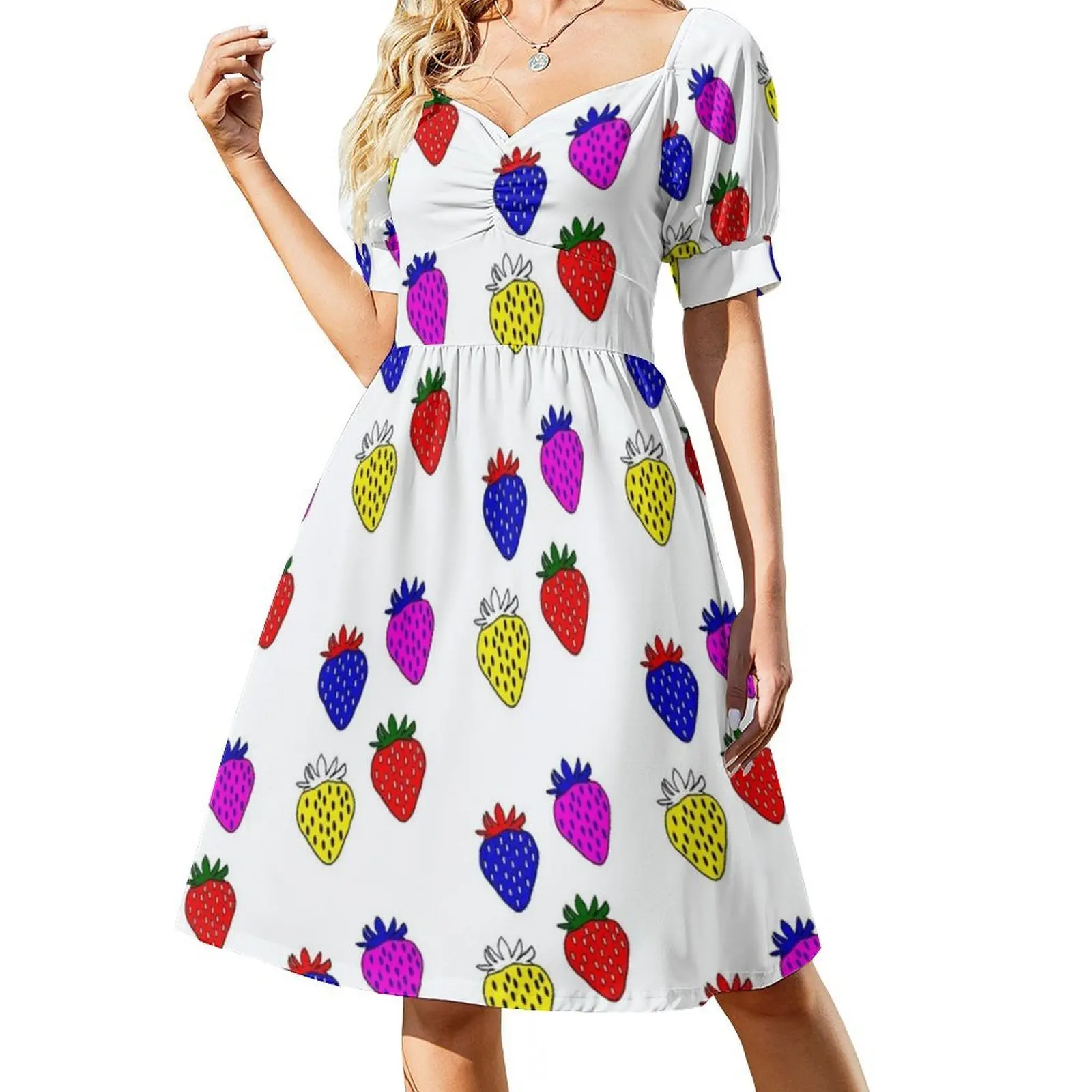 النيون الفراولة حقول للأبد فستان عطلة مثير للنساء شاطئ حفلة عيد ميلاد فستان قصير الفراولة الفاكهة الخنافس النيون الأحمر