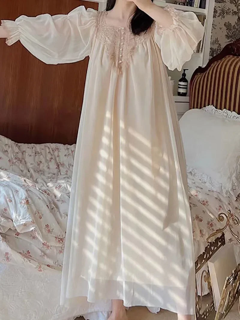 Women Mesh Ruffles Vintage Nightgowns Robe Nightie Lolita Fairy Long Nightdress Victorian Romantic Vintage Princess Sleepwear