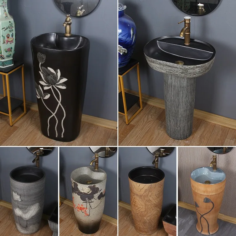 Black column wash basin, integrated floor-to-ceiling household bathroom ceramic wash basin, Chinese outdoor water basin