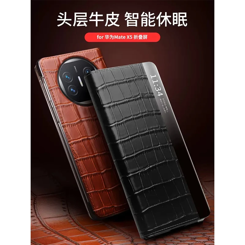 Qialino Luxury Smart Phone Case for Huawei Mate X5 Carcasa Crocodile Flip Funda Skin MateX5 Coque Capa Window View Fashion Bag.