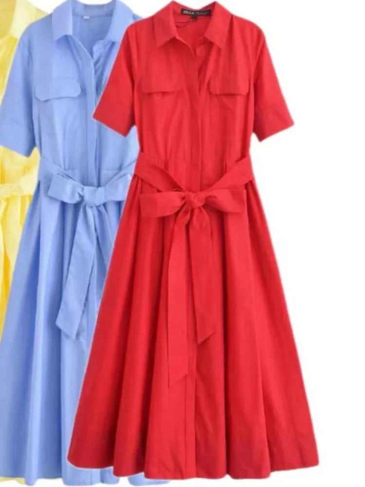 

Women's Short Sleeve Shirt Dress With Casual Pockets Decoration Classic Long Dresses Summer Fashion Lapel Vestidos Para Mujer