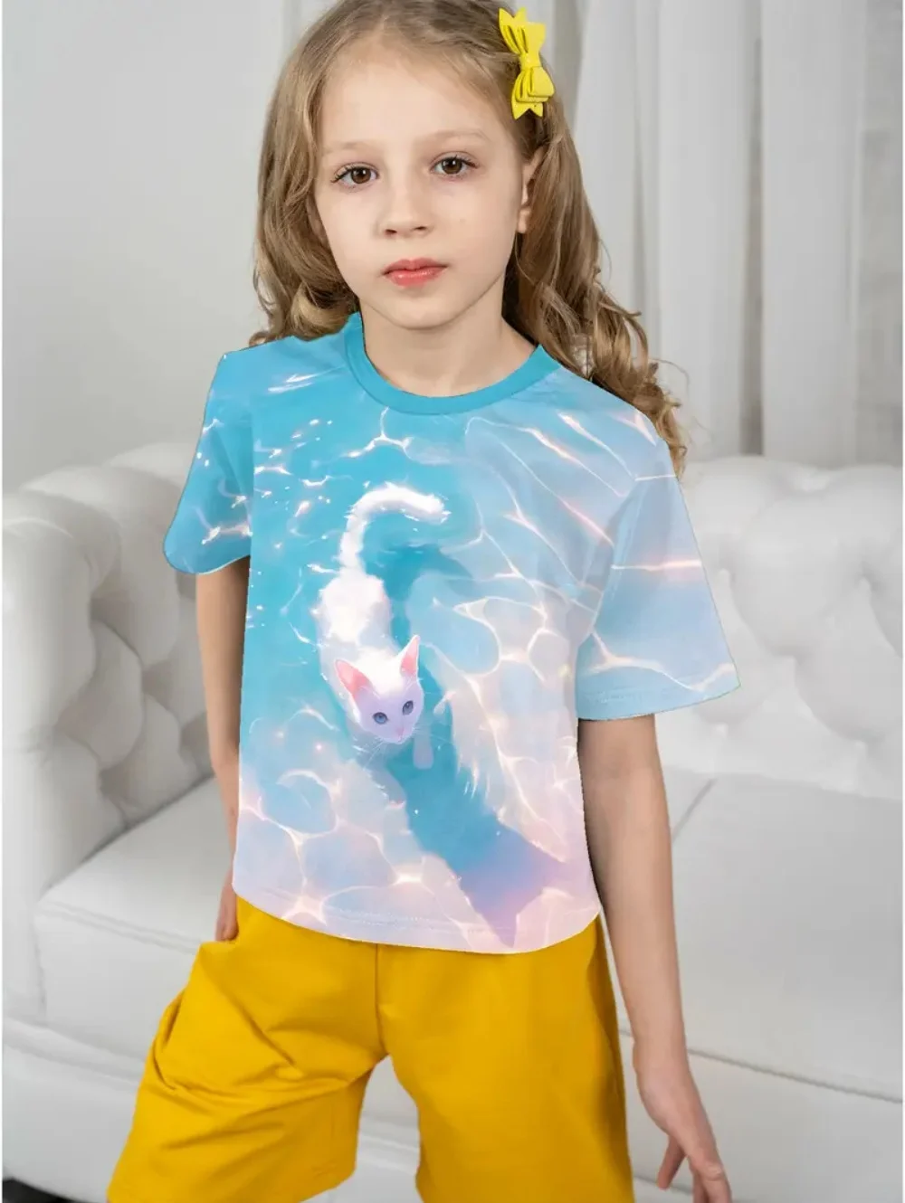 

Summer T-shirt for Girls Cute Cat Print Tops Fashion Comfort Round Neck Short-sleeved Outdoors Quick-drying Children's Clothing