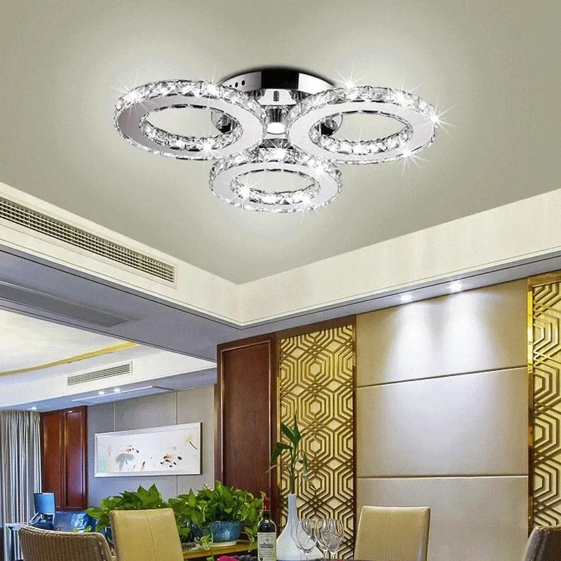 Luxury Modern K9 Led Crystal Ceiling Lamp Smart Chandelier Pendant Light Ring Chrome Plafonier Fixture Dining Living Room Decor