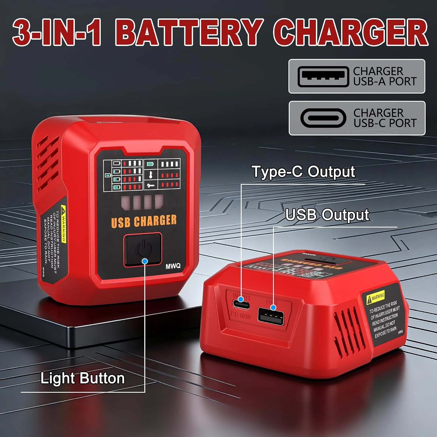 100W USB Battery Charger For Milwaukee M18 18V Battery, USB-C PD & USB-A Fast Charging Station with Display, Tool Only
