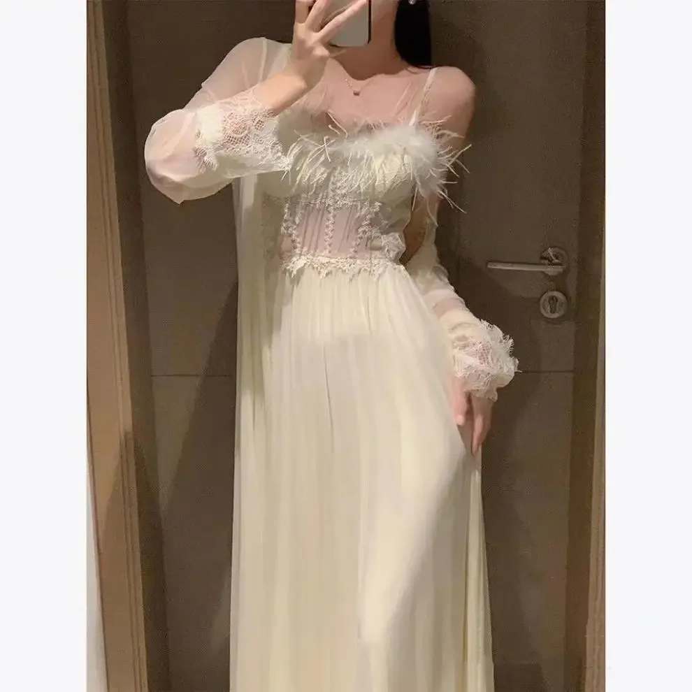 Summer Women's Loungewear 2-piece Set Solid Color Lace Feather Splicing Mesh Bathrobe Dress Set Sexy Thin Womens Pajamas