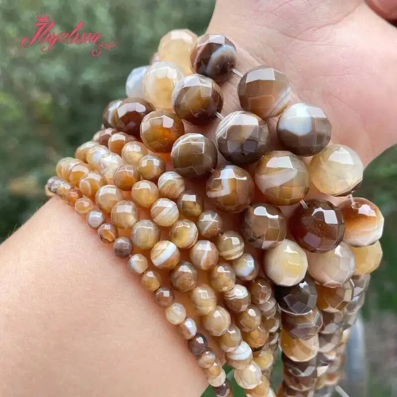 6mm/8mm/10mm Round Faceted Stripe Brazil Agate Natural Stone Beads For Jewelry Making DIY Necklace Bracelet 7 Inches/15Inches