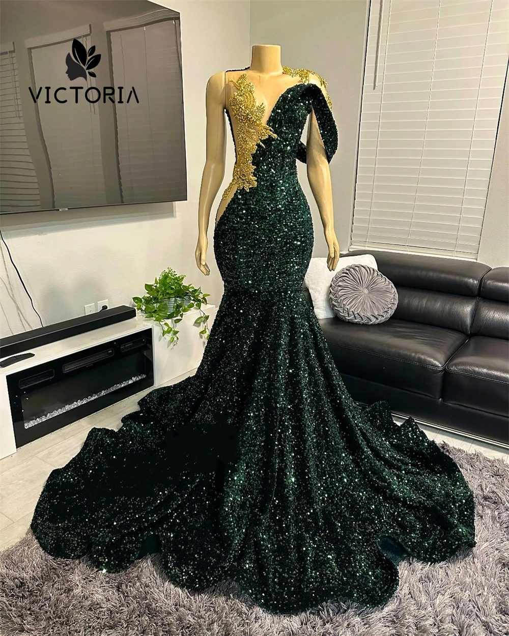 Dark Green Velvet Sequin Off The Shoulder Golden Rhinestone Prom Dresses 2024 Black Women Diamonds Mermaid Prom Customized