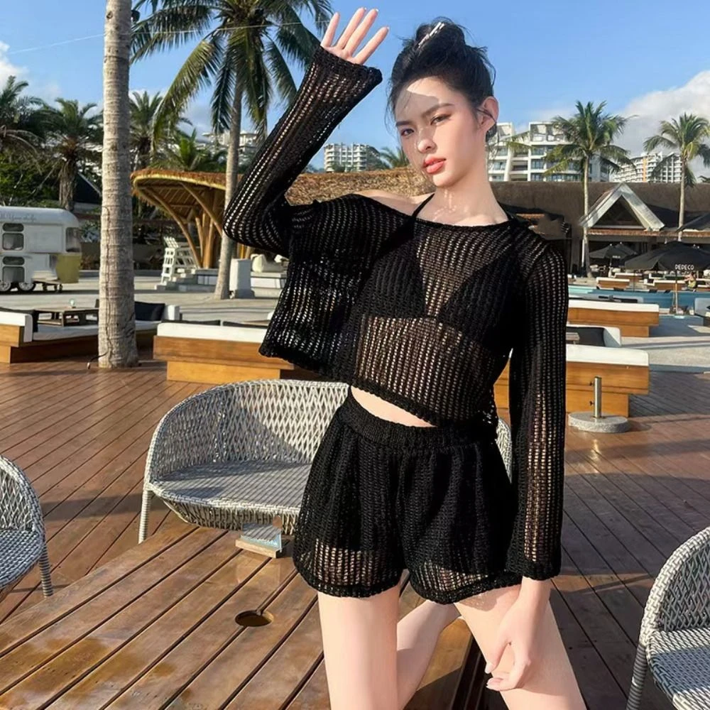 Loose Long Sleeve Swimsuit Pullover Hollow Out Crochet Knit Bathing Suit Beachwear Clothings Sun Protection