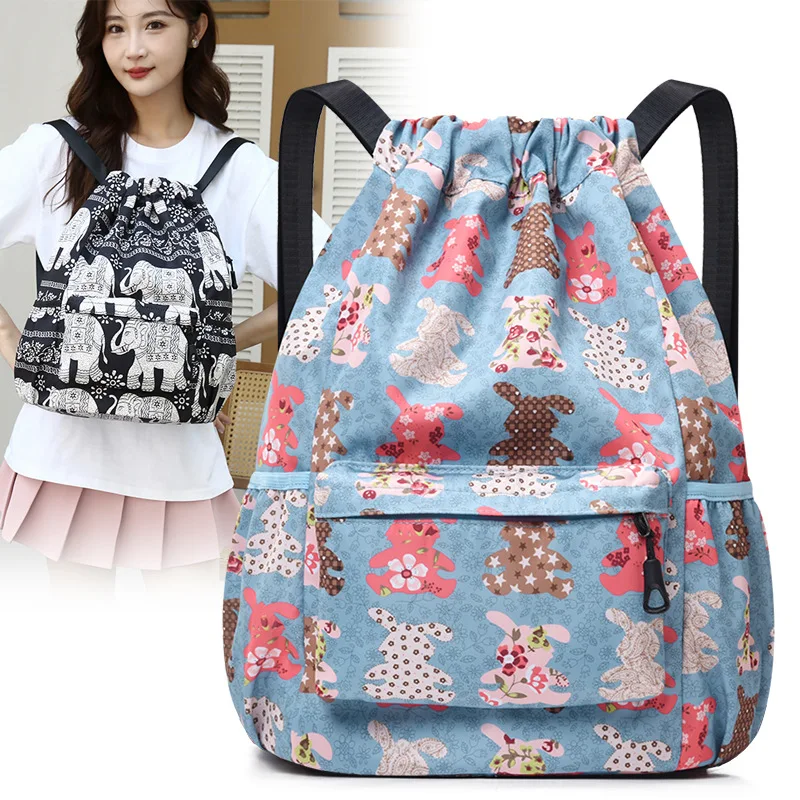 Travel Fitness Storage Bag Women Drawstring Backpack Large Capacity Lightweight Stylish Print