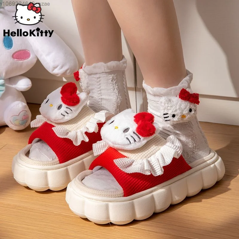 Sanrio Hello Kitty Platform Shoes Women Luxury Design Linen Bottom Breathable Fuzzy Slippers Y2k Female Cartoon Trend Flat Shoe