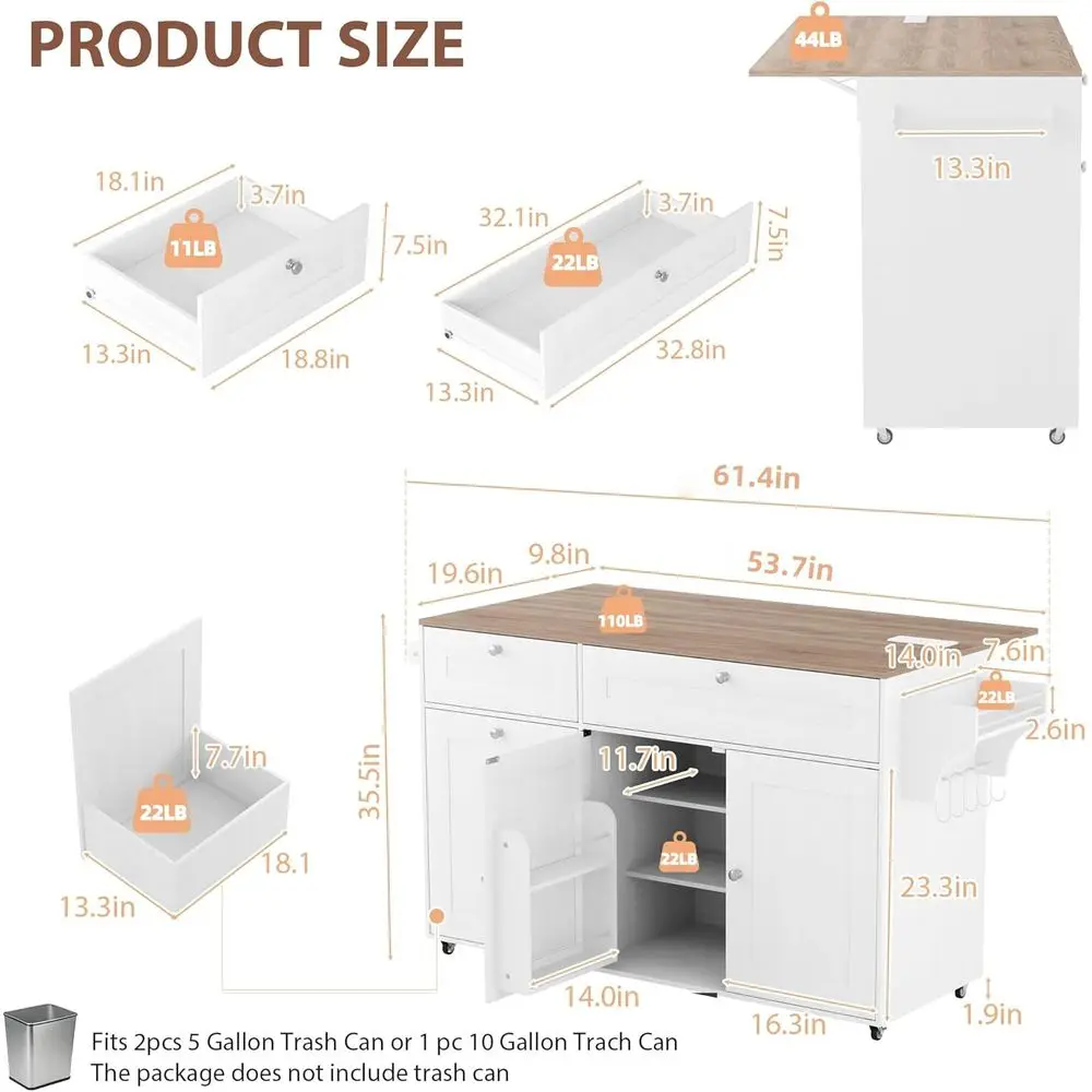 جزيرة مطبخ بعجلات مع أوراق متدلية، مخرج طاقة، تخزين، سلة مهملات، أدراج، رفوف توابل ومنشفة - أبيض