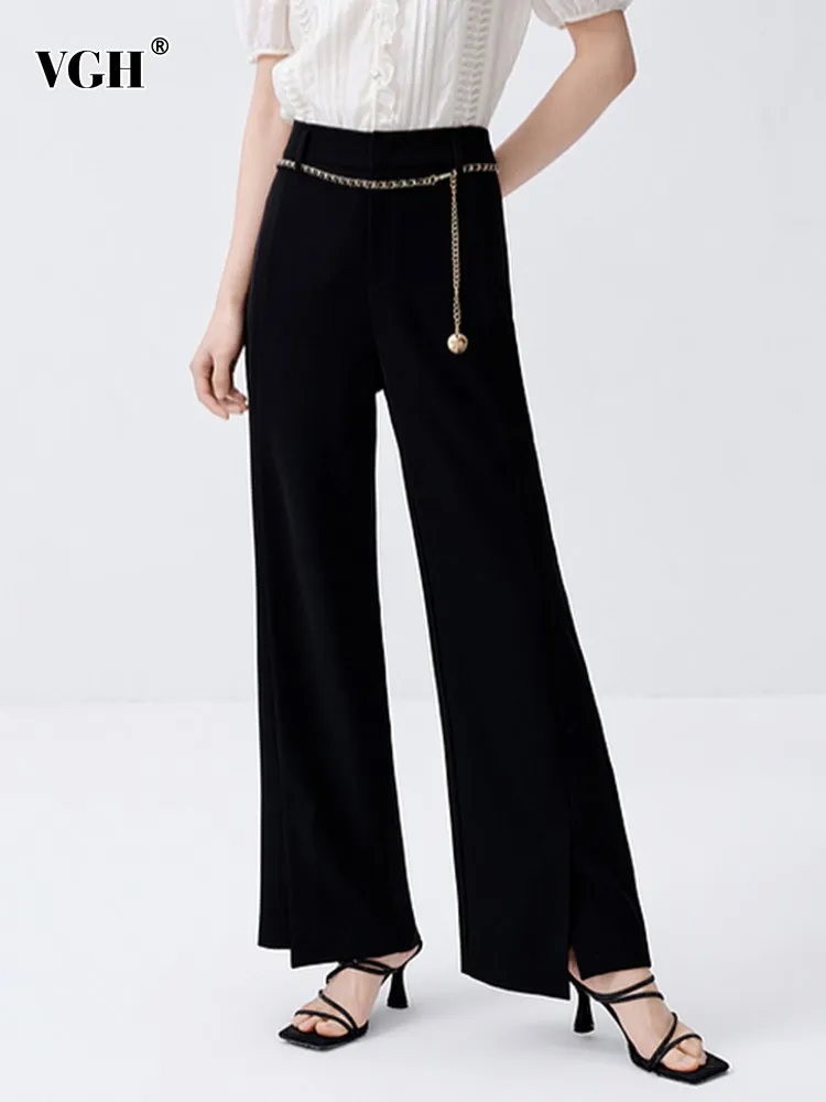 

VGH Spliced Chain Solid Troussers For Women High Waist Slimming Split casual Wide Leg Pant Female Fashion Style Clothing 2023