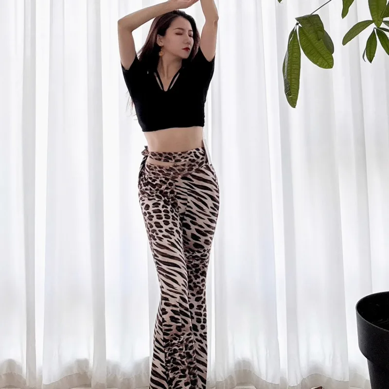 Swegal personalizado traje de dança do ventre terno de prática dança oriental modal cordão superior padrão leopardo calças largas 2 peças
