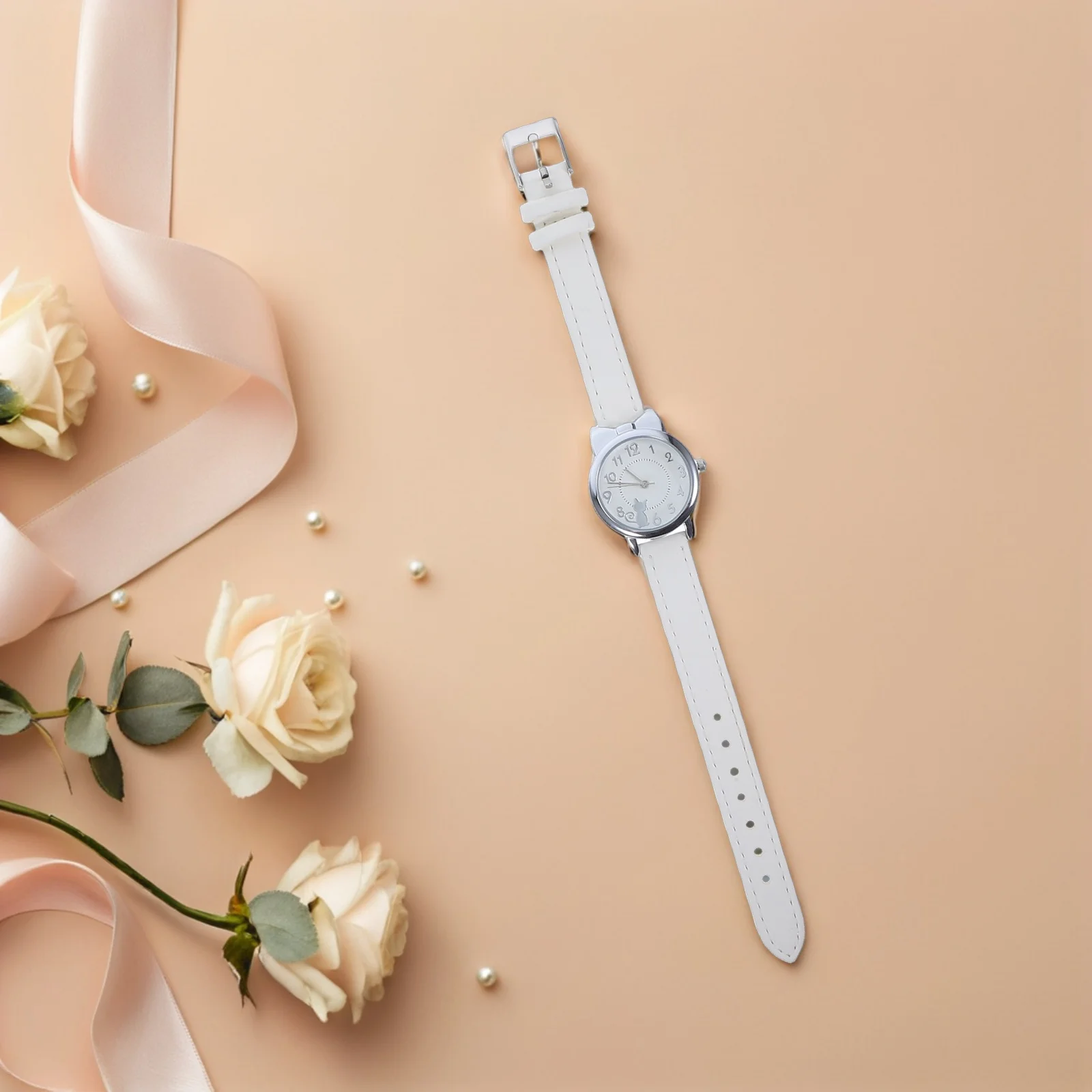 Analog Quartz Watch Cute Cat Pattern Lightweight PU Strap Metal Face School Daily Casual Watch