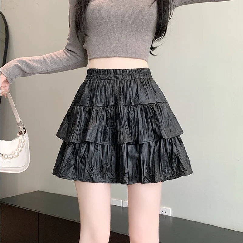 Vintage PU Leather Half-body Skirts Women Autumn Elastic Waist A-line Solid Color Skirt Casual Versatile Ball Gown Skirts Female