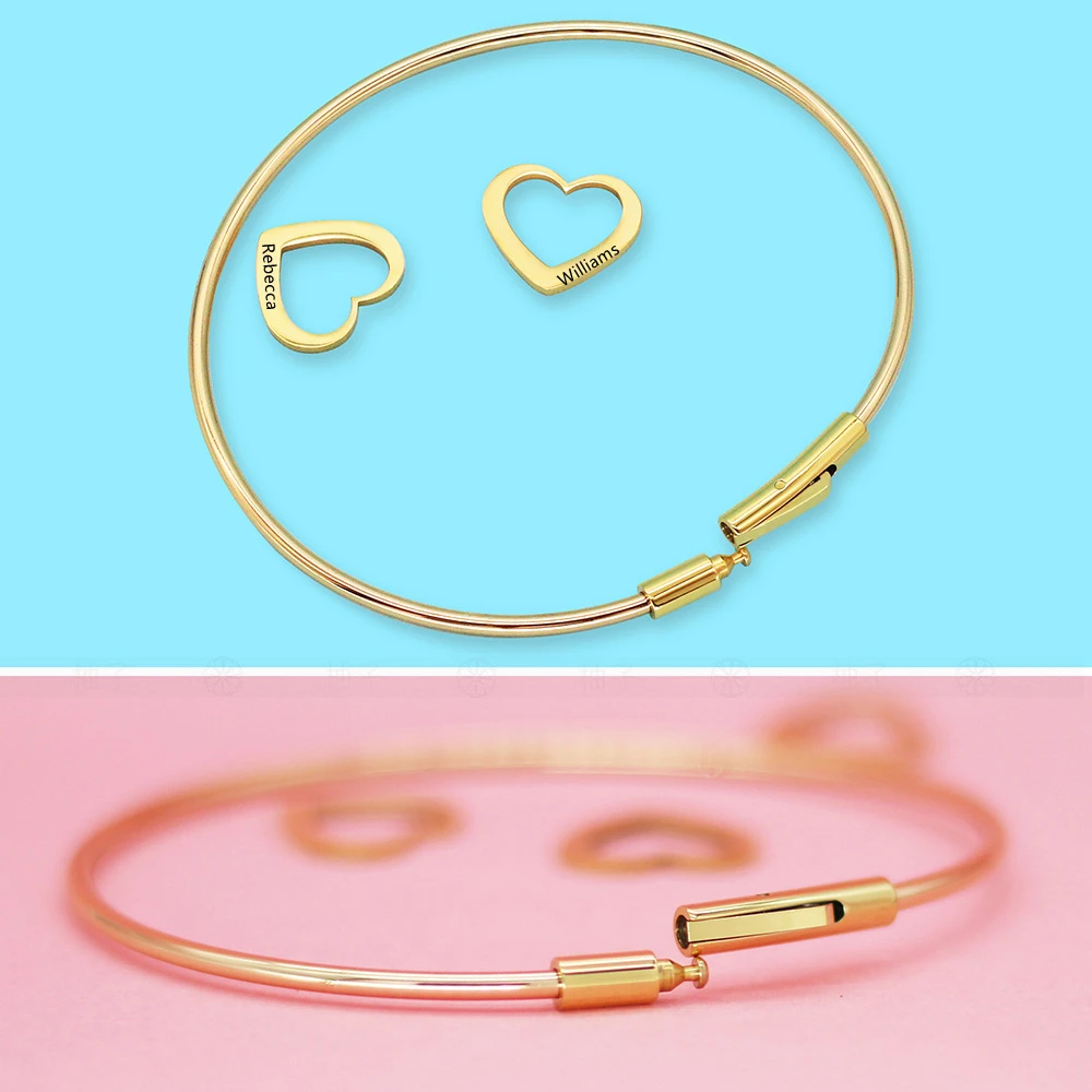 Customized Stainless Steel Bangle Bracelet Heart Shape Pendants Letter Personalized For Women Gift