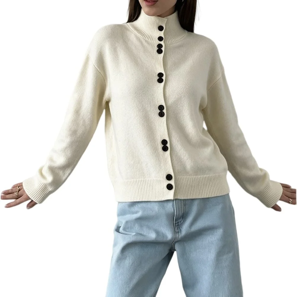Women's Loose-Fit Knitted Sweater with Half-Turtleneck Collar and Button-Down Front for Summer Vacation Beach or Cycling Outfits