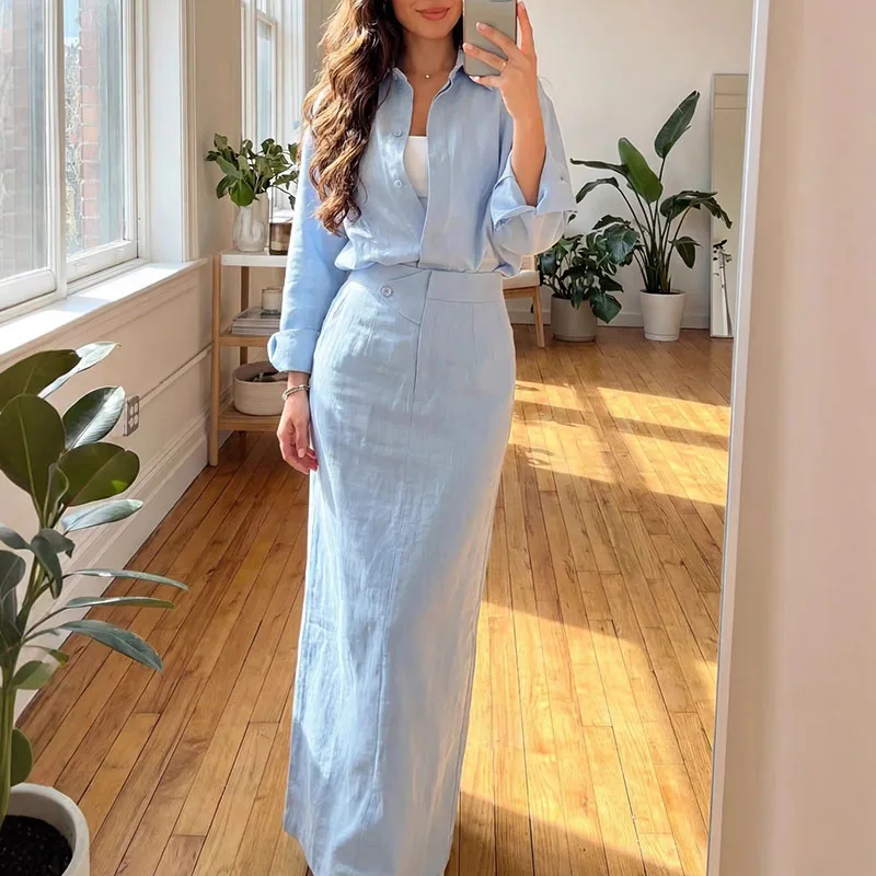 Modische, einfarbige, schmale Pendler-Outfits, elegante Damen-Sets mit einfachen langen Röcken, Leinenhemden mit Revers und langen Ärmeln sowie Halbrock-Sets
