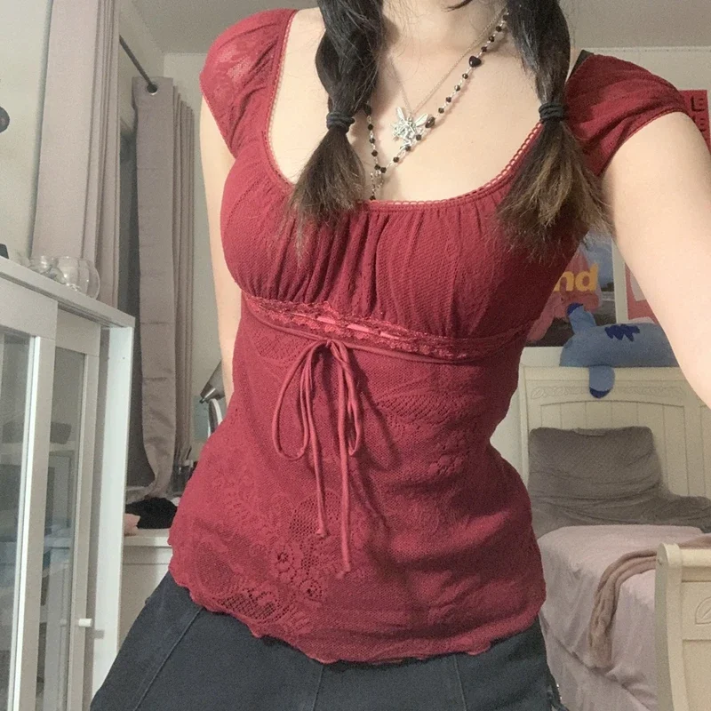 

Элегантная женская футболка с квадратным воротником, кавайные пуловеры с бантом и короткими рукавами, футболки Y2K, винтажный женский укороченный топ в стиле гранж, одежда в стиле ретро