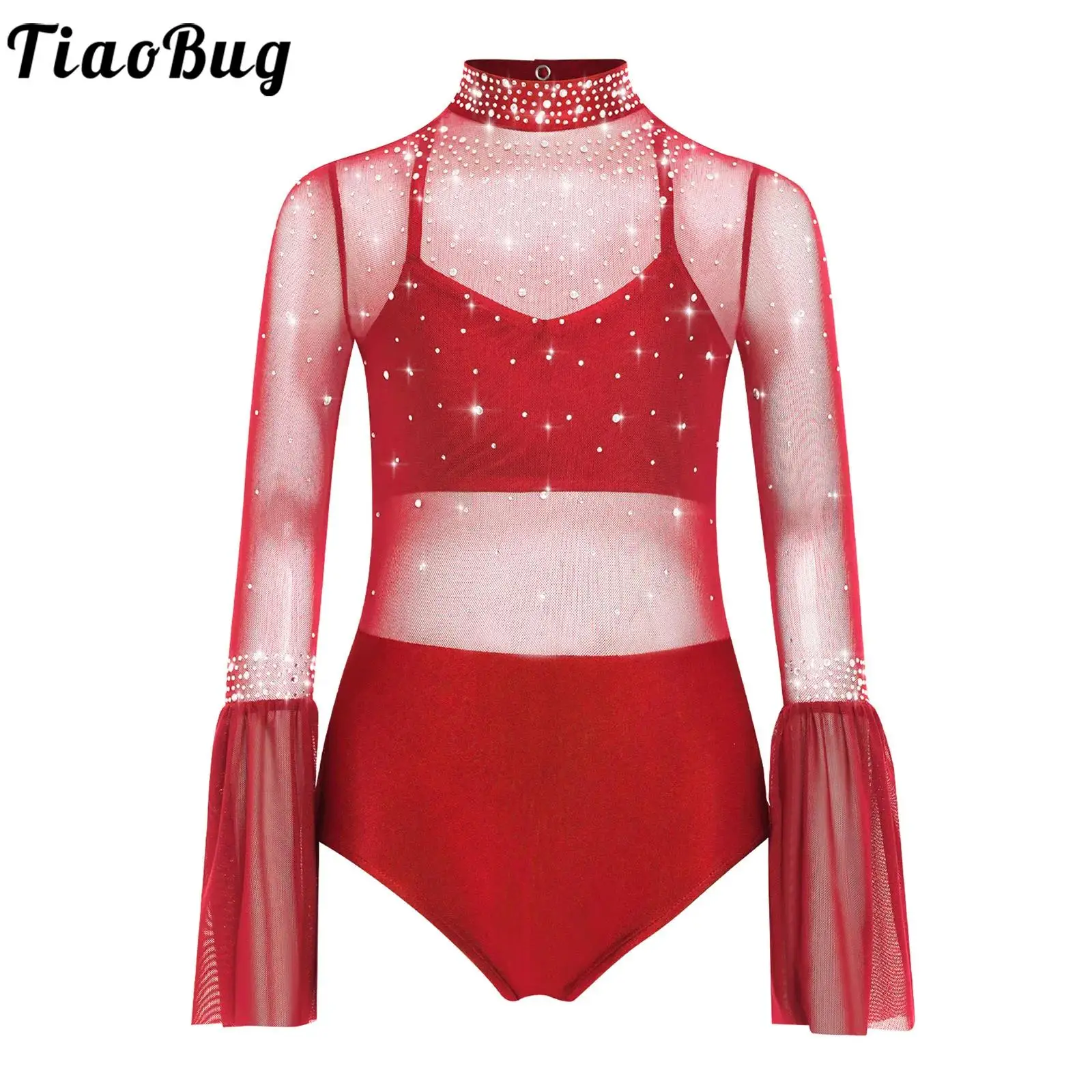 

Girls Latin Dance Dresses Leotards Gymnastics Figure Skating Costume Flare Sleeve Backless Rhinestones Mesh Bodysuit Dancewear