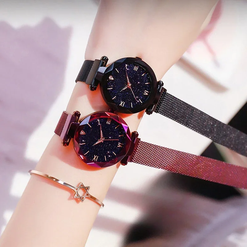 Relojes de lujo con cielo estrellado para Mujer, Reloj con correa de malla magnética, Reloj de pulsera a la moda para Mujer, Reloj Zegarek Damski para Mujer