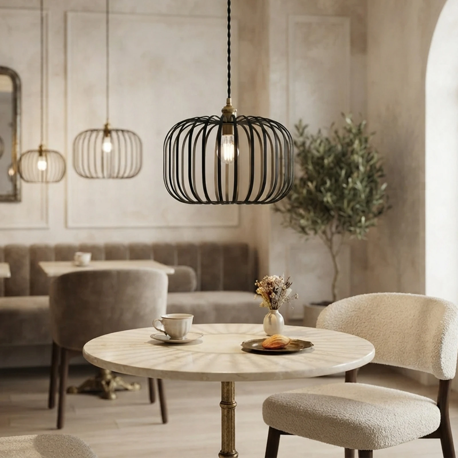 Farmhouse Chandelier Shade, Black Metal Cage Pumpkin for Pendant Light E27 Decor