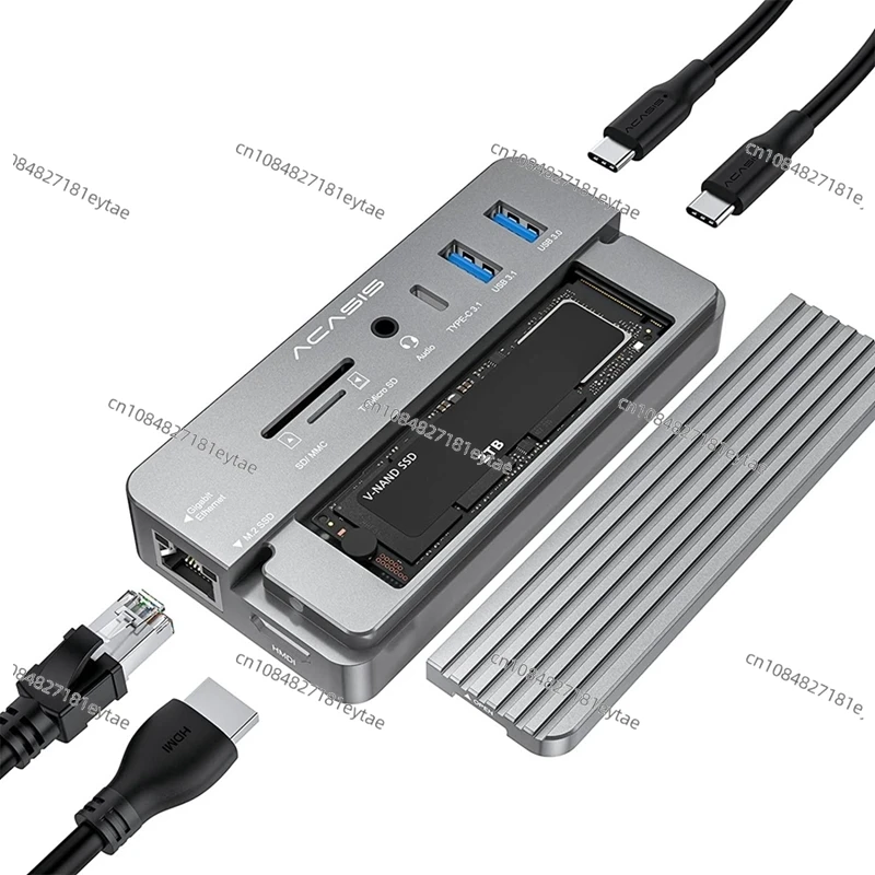 10 in 1 Docking Station USB-C 3.2 HUB 10Gbps with M.2 NVME and SATA SSD Enclosure HDMI-Compatible 100W PD for PC-Grey