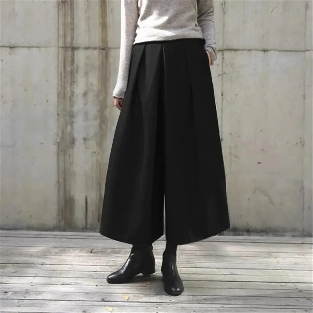 Loose Woolen Wide Leg Skirts Pants Women Pleated Casual Pants Winter Autumn Straight Trousers Elastic High Waist Fat Leg Pants