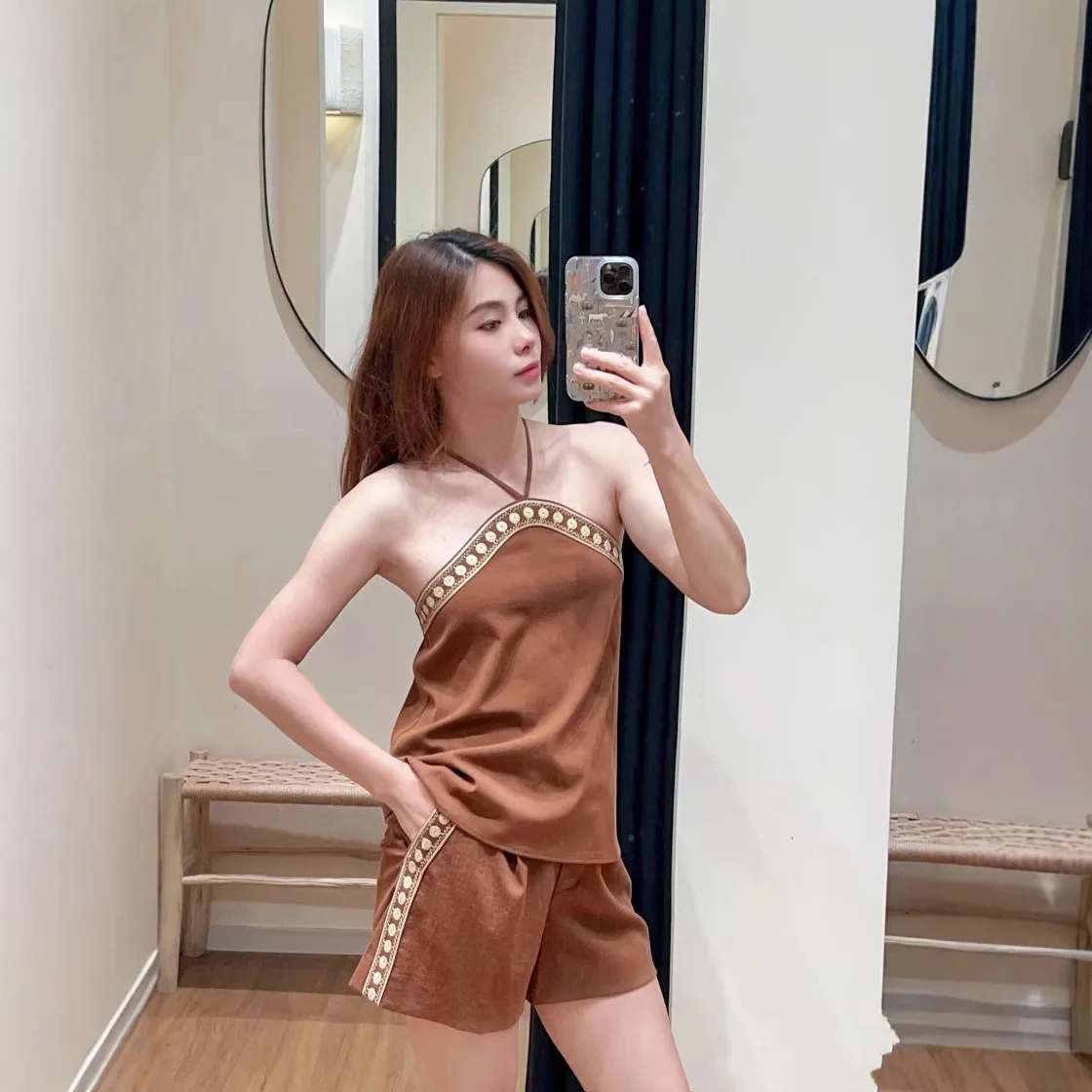 

Summer New Sle Vaion Theme Ne Hanging Vest Strapl Top plus Embroidered High Waist orts Women's Faion Set