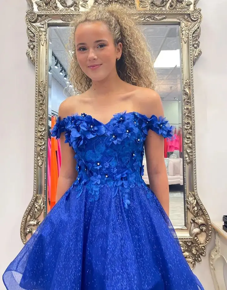 Short Prom Dresses Off Shoulder Sweetheart Royal Blue Sparkly Tulle with Floral Lace Applique Homecoming Gowns Graduation Dress