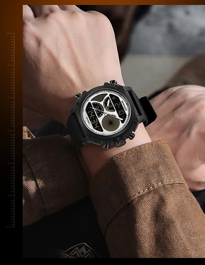 SANDA 6236 Men's Quartz Watch Fashion Sports Waterproof Dual Display Multifunctional Silicone Strap Wristwatch for Male