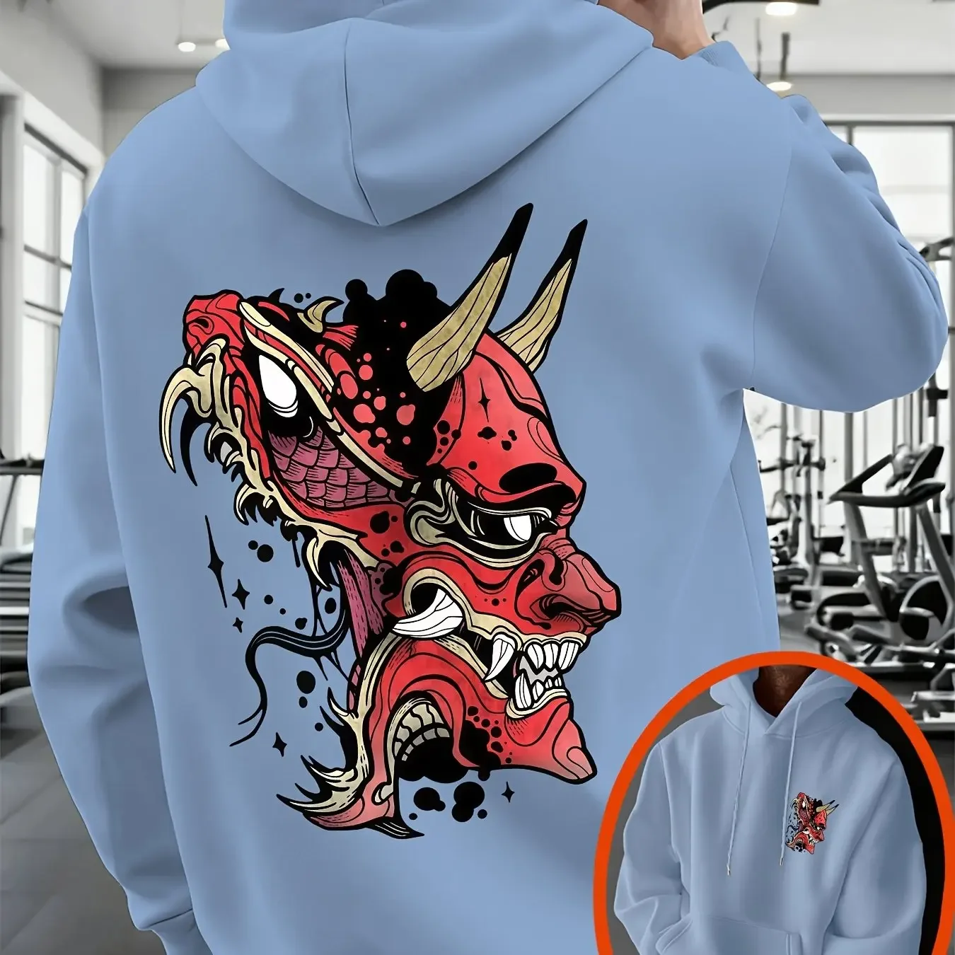 Men's Japanese Oni Demon Mask Graphic Hoodie Sweatshirt Red Devil Face Tattoo Print Oversized Streetwear Pullover Autumn Winter