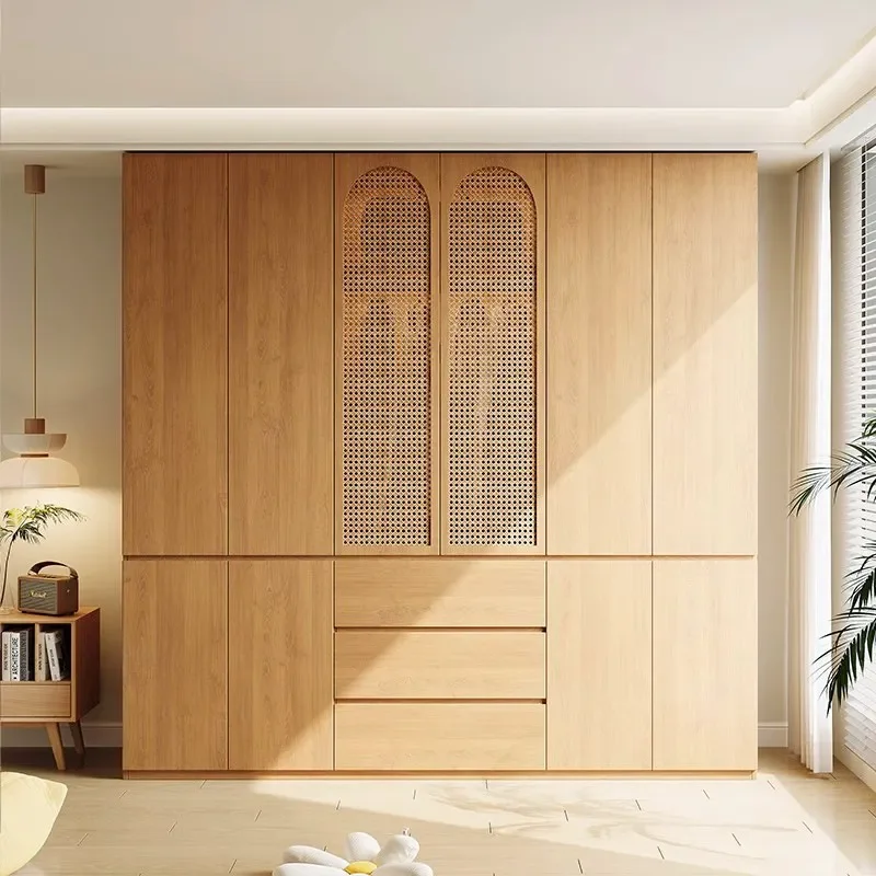 for All Solid Wood Wardrobe Oak Japanese Style Log Rattan Craftsmanship Locker Swing Door Segmented Handle Free Wardrobe