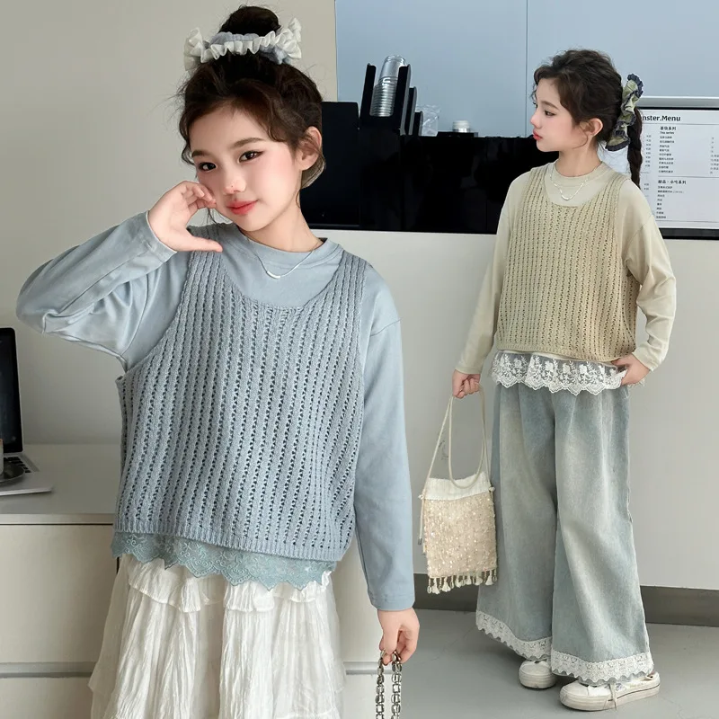 

Lace Vest Jeans Three-piece Suit Grils Children Korean Loose Casual Solid Spring Autumn Fashionable Cool Long Sleeves