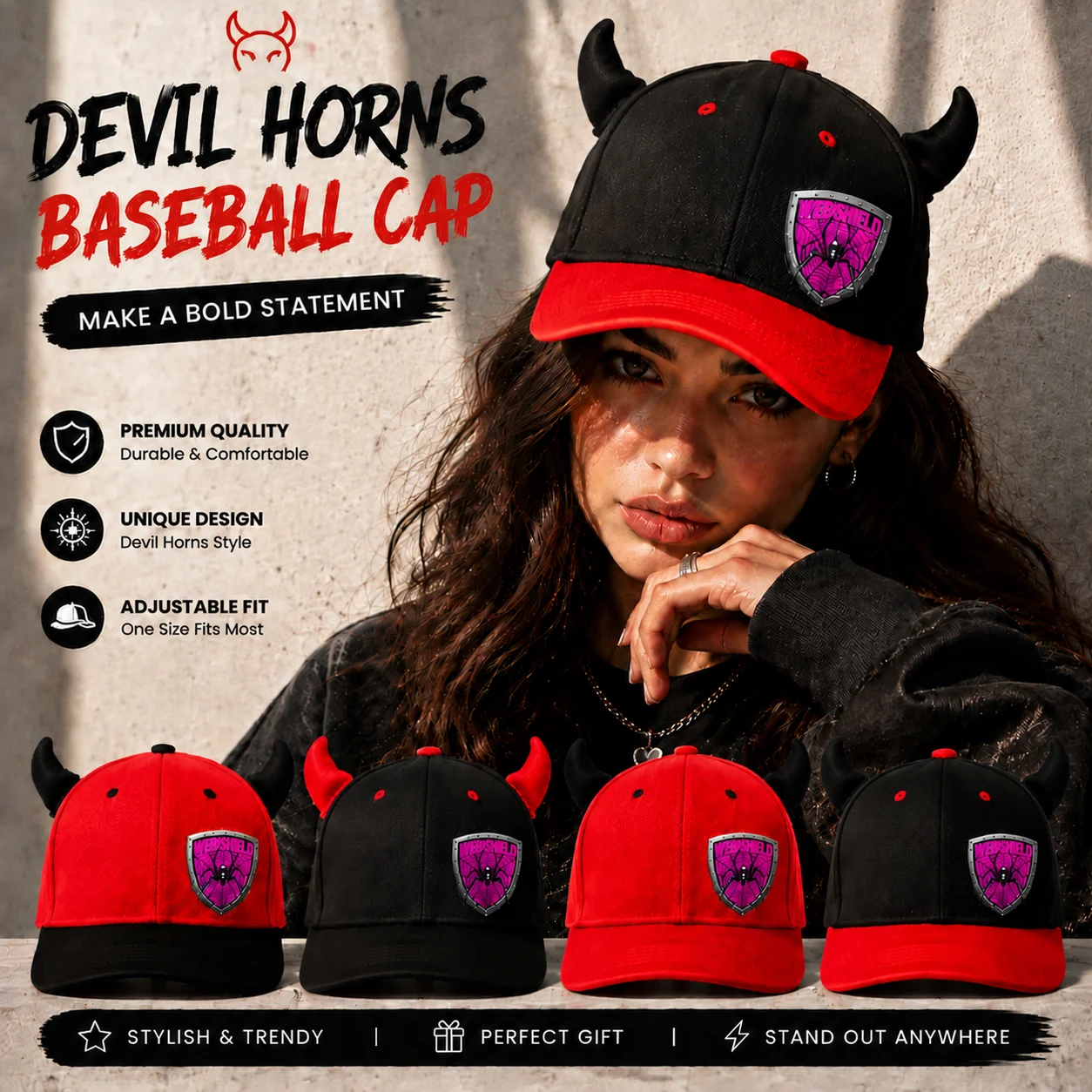 1 Devil's Corner Button Hat, Printed Flat Bottom Baseball Hat, Punk Street Style Adjustable Novel Party Men's and Women's Hat
