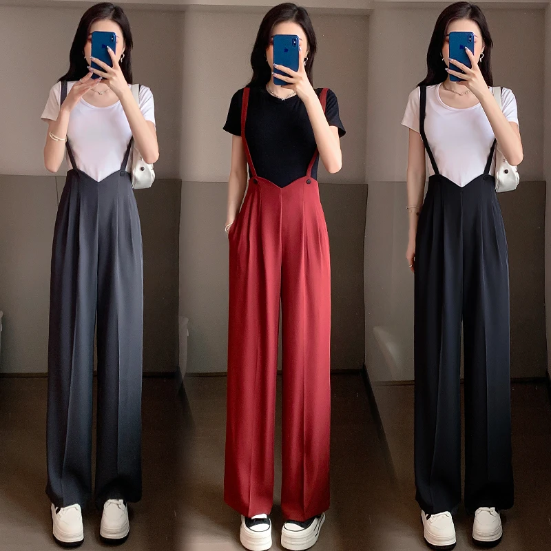 女性用ワイドレッグプリーツジャンプスーツ、ルーズストラップパンツ、ハイウエスト、ワイドレッグ、シンプル、カジュアル、ブラック、グレー、春、夏、用途、韓国ファッション