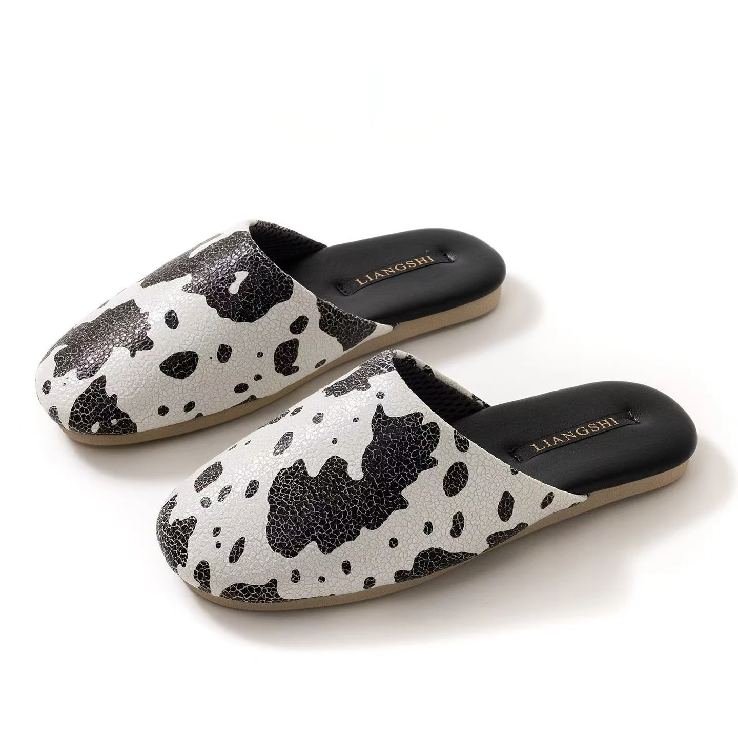 

Men PU Leather Print Closed Toe Slippers High Quality Soft Sole Non Slip Waterproof Lovers Home Slippers Office Half Slippers