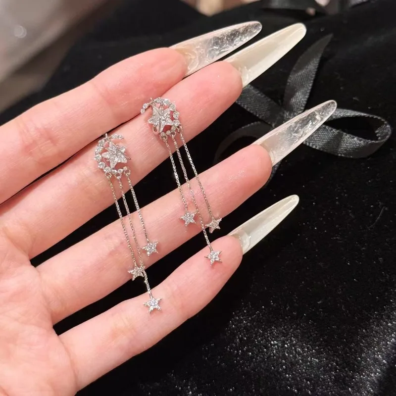 

Moon Star Stud Earrings Tassel Burst Zircon Long Earrings Temperament Simple and Delicate Needle Earrings