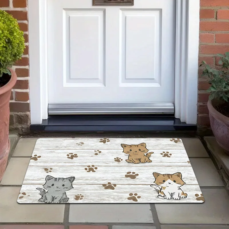Playful and Cozy Three-Cartoon-Cat Themed Outdoor Doormat, Made of Flannel Material with a Thick Plush Layer Containing 0.4-inch Sponge (1.21 LB Per Square