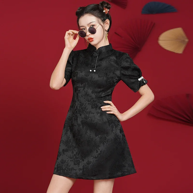 

Black Jacquard Short Sleeve Qipao Women's Modern Cheongsam Dress Summer Daily Wear Oriental Style