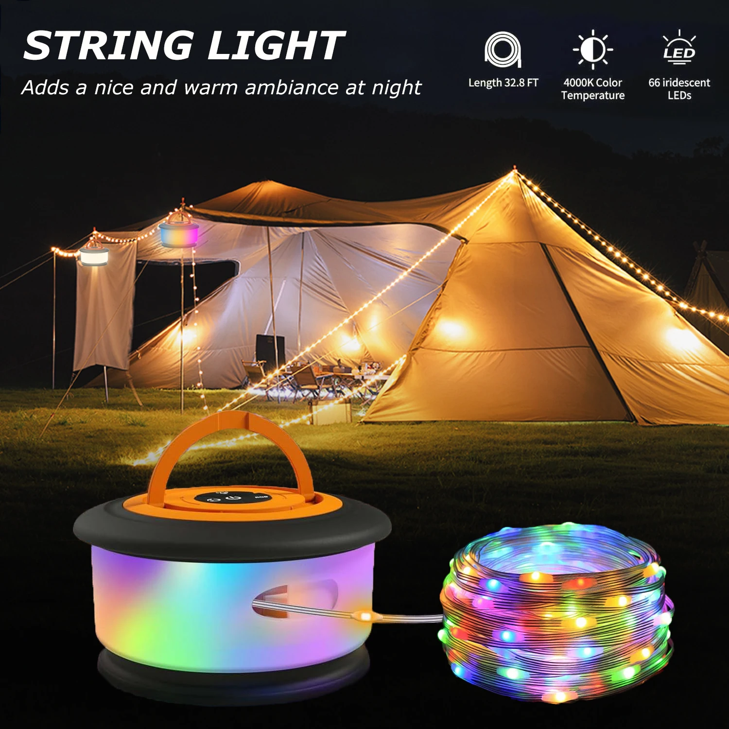 Camping light string, 19 lighting modes, 3-in-1 rechargeable tent light string, portable quick storage outdoor camping lights