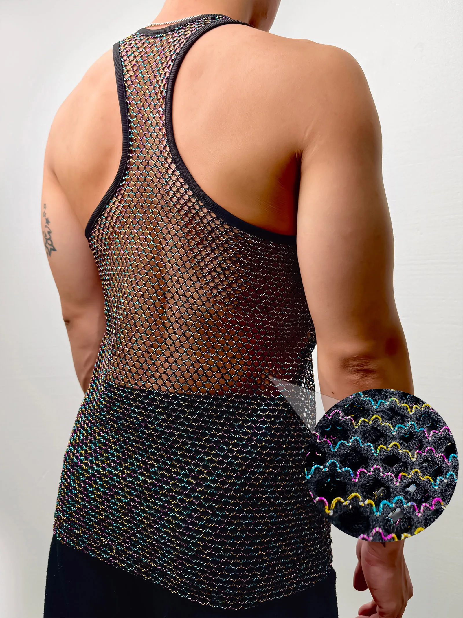 Summer Men Casual Mesh Fishnet Tank Top Racerback Sleeveless Shirt Muscle Sport Vest Colorful Line Shiny Sheer Party Daily Wear