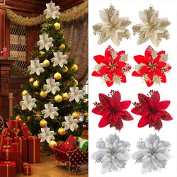 5/10 Stuks Glitter Kunstmatige Kerst Bloemen Rood Goud Poinsettia Bloem Hoofd Xmas Boom Ornamenten Decoratie Huis Nieuwjaar Decor