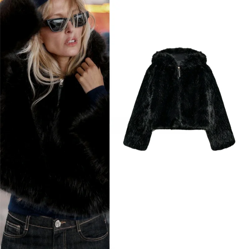 

Autumn Winter New Women's Long Sve Hooded Artificial Fur Jaet Zipper Decorated Stand Fit ort Outerwear Polyester
