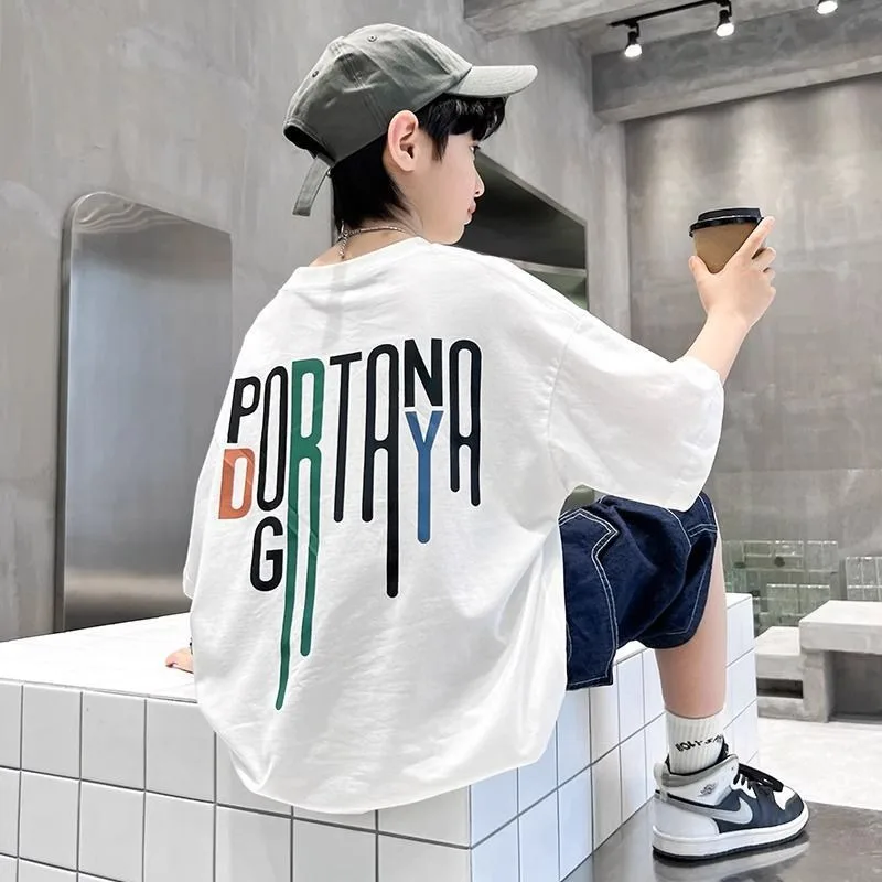 White Cotton Letter Print Kids T-Shirt Summer Loose Fitting Korean Streetwear Outerwear for Teens Boys Girls Ins Style​