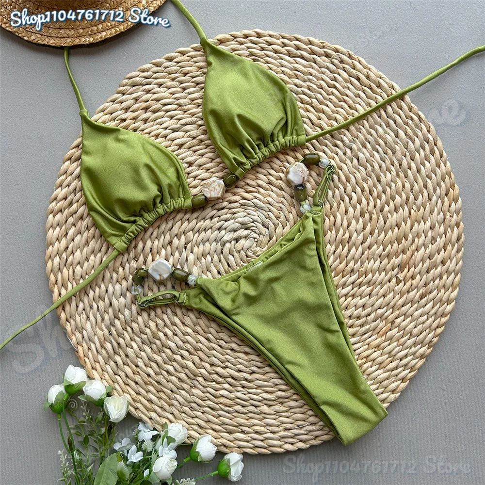 

Solid Green Swimwears Sexy Halter Triangle Bead String Bikini Mini Micro Thong Swimsuit Woman 2025 Summer Brazilian Bikinis Sets