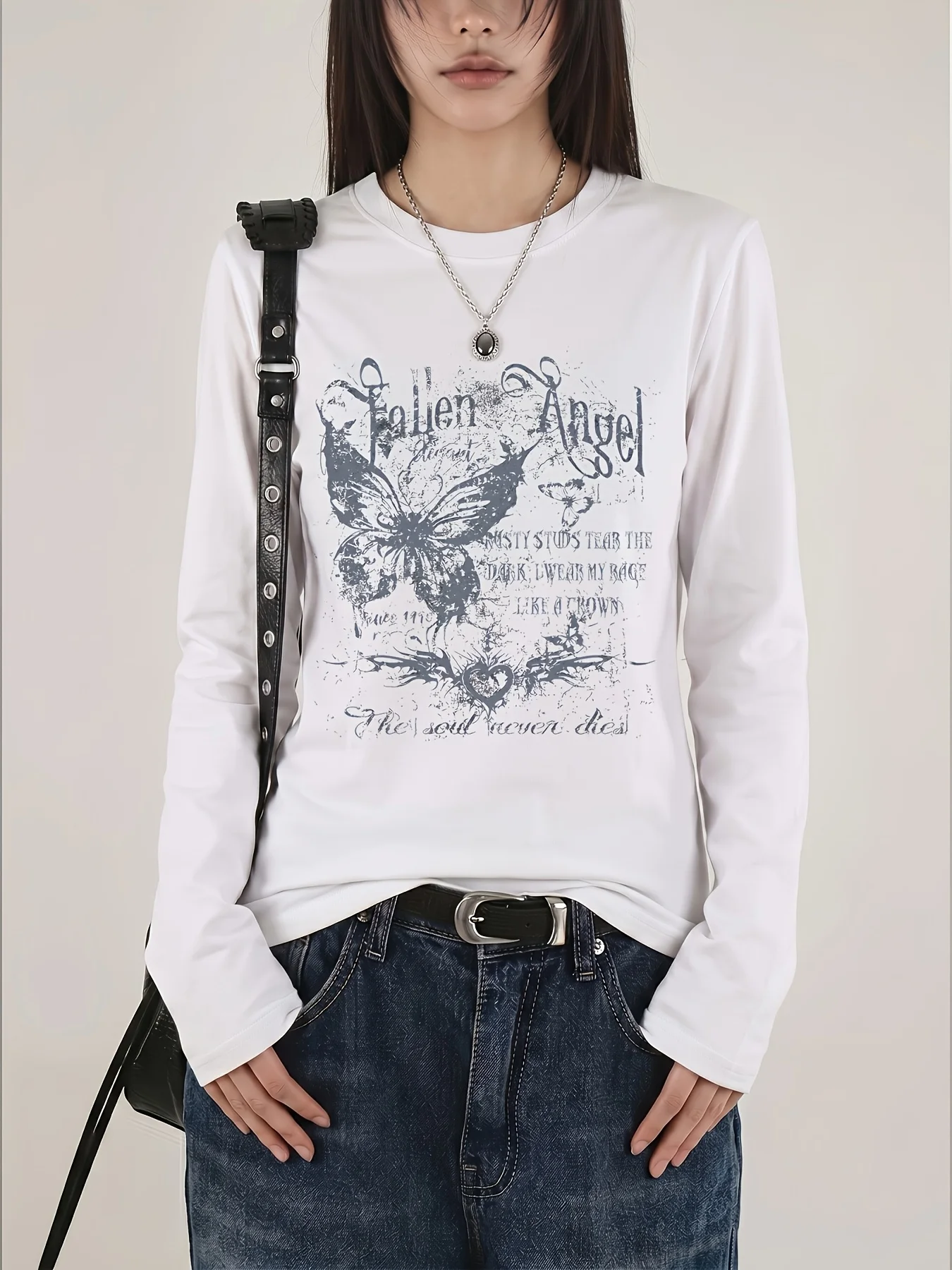 Y2K Retro Butterfly Fallen Angel Letter Print Women's Long-Sleeved T-Shirt Casual Sweet Cool Y2K Millennium Style Trendy Top