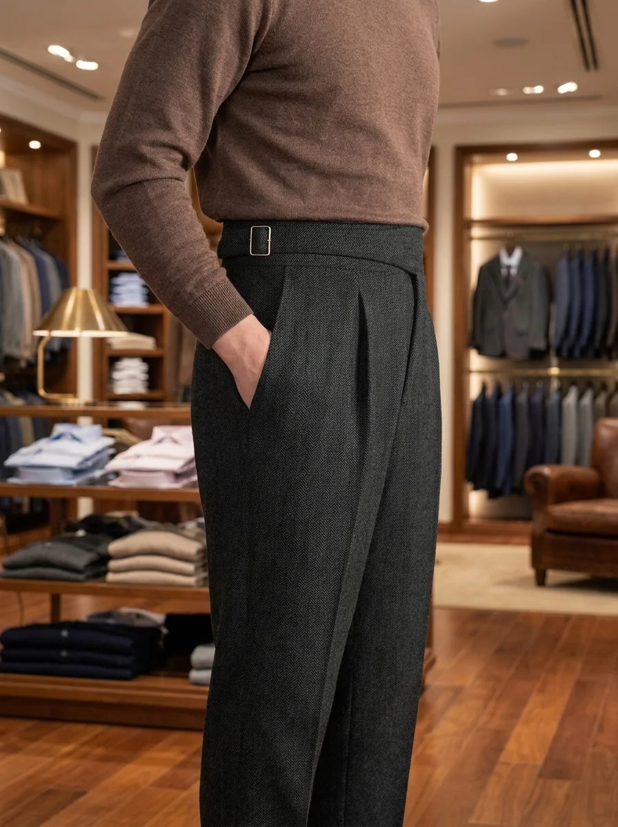 2026 Men Tweed Herringbone Pants High Waist Straight Leg Trousers Vintage Business Formal Office Male Long Pants