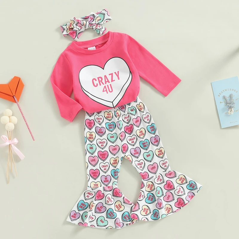 Valentine s Day Toddler Girls Outfit Long Sleeve Crew Neck T-Shirts Heart Print Flare Pants Headband 3Pcs Set Love Theme