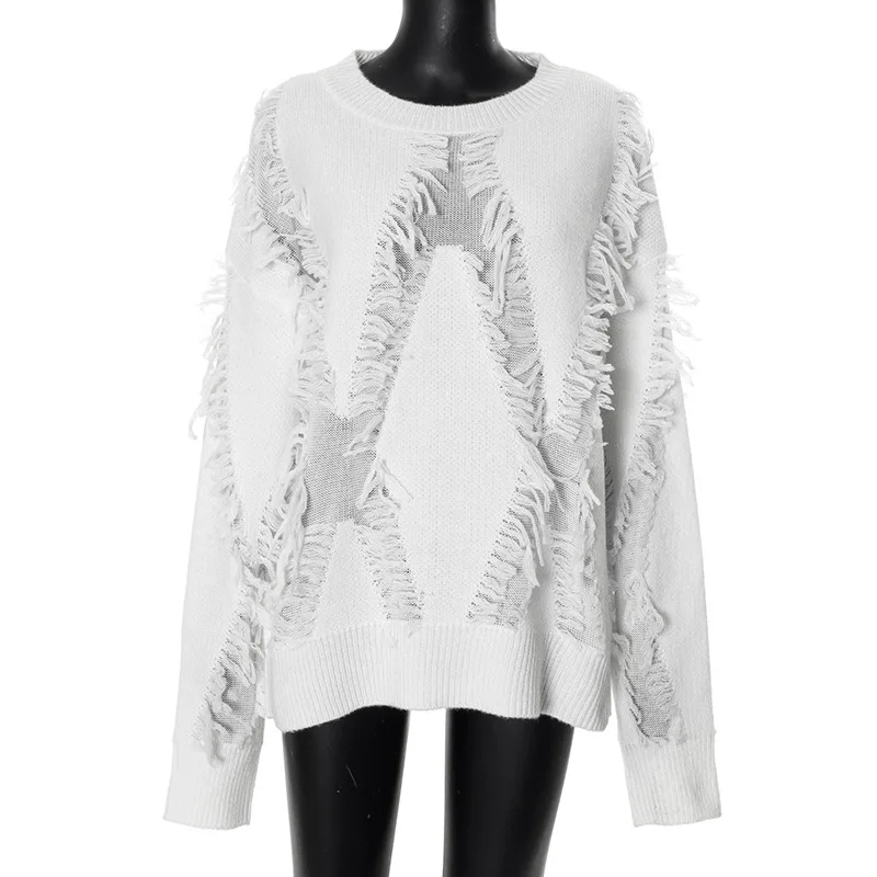 

2025 Autumn Irregular Patchwork Tassels Sweater Women Fashion Long Sleeves Loose O-neck Pullover Winter Ladies Tops Streetwear